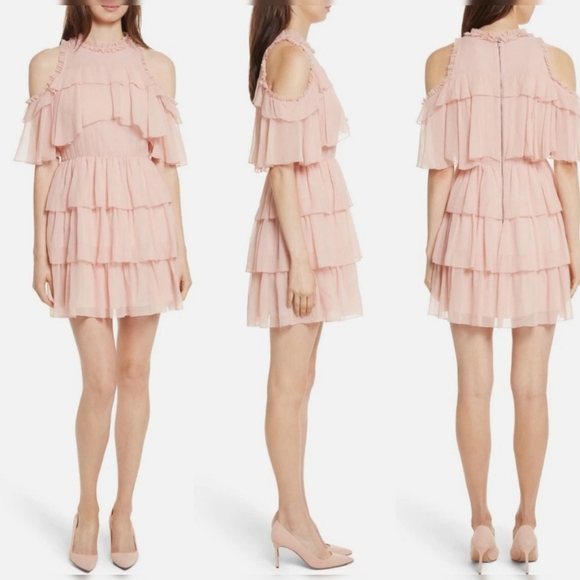 Alice + Olivia Nichola Cold Shoulder Ruffle Tiered Party Dress Blush Pink Size 8 - Picture 2 of 16